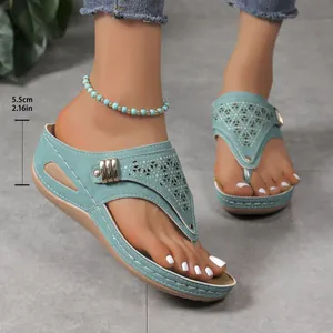 Detailansicht der türkisfarbenen Keilsandalen mit 5,5 cm Absatzhöhenmessung