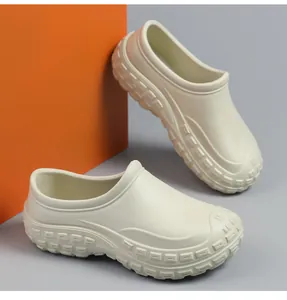 Detail view of breathable non-slip waterproof chef work shoes in beige finish