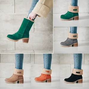 Collage of women's suede snow boots with faux fur cuffs and chunky heels in five colors