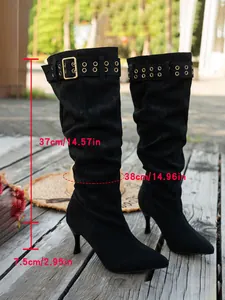 Detail showing measurements for black slouchy suede knee-high boots with stiletto heel
