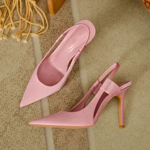 Elegant pink satin pointed-toe high heels with a stylish slingback strap design