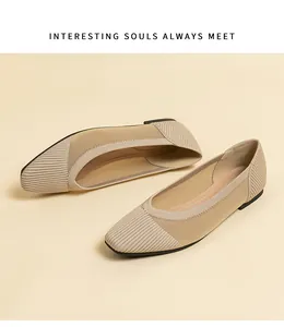 Close-up detail of beige breathable knit mesh pointed-toe flat shoes for women's daily commute