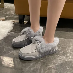 Mocassins d'hiver gris pour femmes avec doublure en fourrure synthétique et joli nœud
