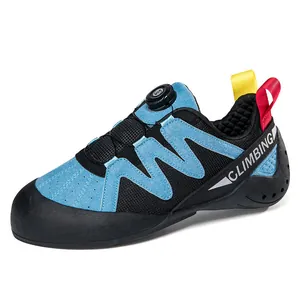 Professional kids rock climbing shoes with rotating dial buckle in vibrant blue and black