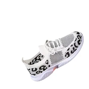 Women's casual leopard print mesh sneakers with comfortable flat soles and lace-up design