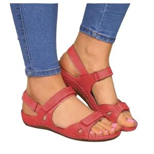 Comfortable red platform sandals for women with adjustable velcro straps and peep-toe design