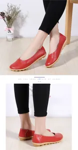 Detailed view of red leather loafers with flexible non-slip soles for extra comfort
