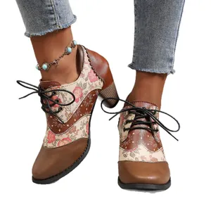 Elegant women's vintage floral chunky heel ankle boots with ethnic lace-up design for autumn