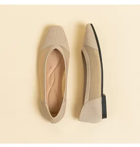 Detailed view of breathable beige knit ballet flats featuring comfortable ergonomic insoles