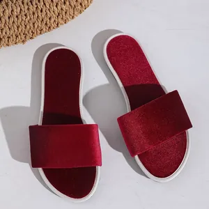 Elegant wine red velvet slide slippers with white trim for indoor wear