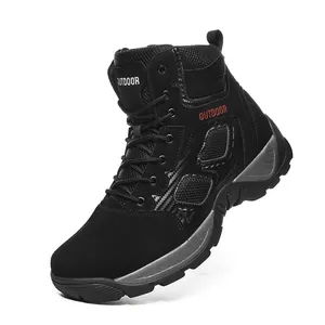 Men's black high-top outdoor combat boots with breathable mesh and anti-slip sole