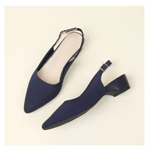 Navy blue breathable knit pointed-toe slingback shoes with a low block heel for office wear