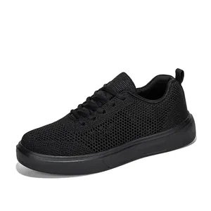 All-black breathable mesh sneakers for men and women with soft casual soles for running