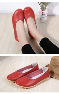 Close-up of red cowhide leather loafers with soft beef tendon soles for women