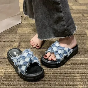Women Canvas Plaid Crisscross Straps Slide Sandals Frayed Edges Platform Summer Casual Open Toe Outdoor Beach Slippers Shoes