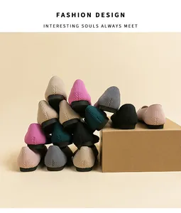 Close-up showing various colors and soft knit texture of women's flat shoes