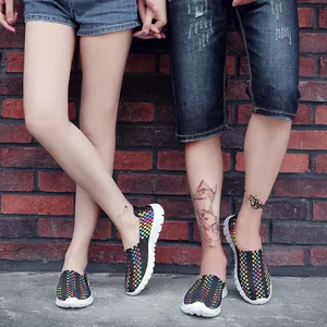 Stylish elastic woven slip-on shoes with colorful checkered pattern for daily casual wear.