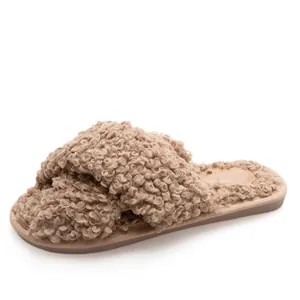 Braune Damen-Hausschuhe aus Sherpa-Fleece mit Kreuzriemen und rutschfester Flachsohle