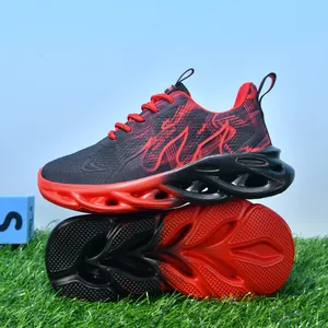 Red and black kids lightweight breathable sneakers with shock-absorbing hollowed soles