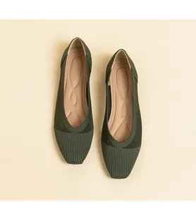 Top view of dark green knitted flat shoes with square toe and breathable mesh texture