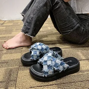 Stylish women's platform slippers with blue and white checkered cross straps for summer