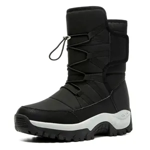 High-top black winter snow boots for women with warm lining and anti-slip thick sole