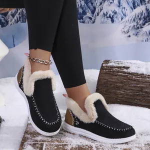 Detailed close-up of black winter slip-on shoes with white plush fur lining in snow.