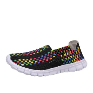 Breathable rainbow woven slip-on loafers with a lightweight white flat sole for women