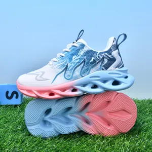 Lightweight breathable kids sports sneakers featuring a blue and pink gradient wavy sole