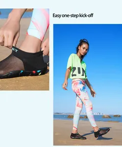 Close-up and full view of breathable mesh water shoes on beach for easy kick-off