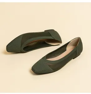 Detailed view of olive green mesh knitted square toe flat shoes with breathable hollow design