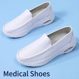 White leather nursing shoes with air cushion and anti-slip soft sole for medical work.