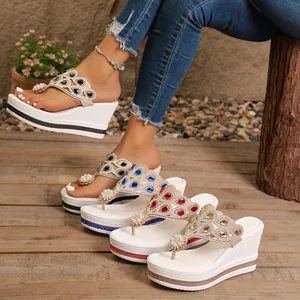 Elegantes sandalias de cuña con pedrería, plataforma gruesa y decorado de joyas para mujer