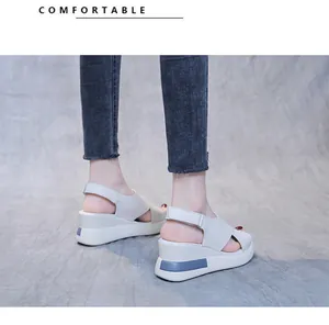 Detailed side view of beige wedge platform sandals with comfortable thick soles
