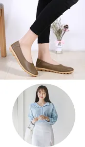 Brown leather loafers with soft sole for women, casual flat peas shoes detail view.