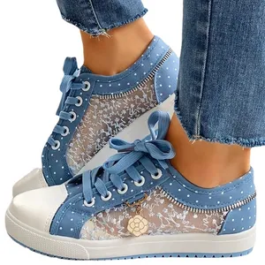 Casual blue polka dot mesh canvas shoes with floral lace and breathable hollow design