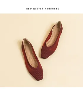 Macro view of burgundy knit flats featuring breathable mesh and comfortable square toe