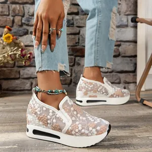 Women's stylish platform casual shoes featuring breathable floral lace mesh upper.
