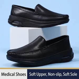 Men's black leather air cushion nursing shoes with non-slip soft soles for work