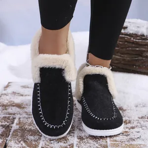 Cozy black winter cotton shoes for women with warm beige faux fur lining and white stitching
