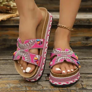 Roze dames platform sandalen met strass en kurkzolen met touwwikkeling voor de zomer