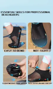 Close-up views of flexible black beach shoes with non-slip colorful soles