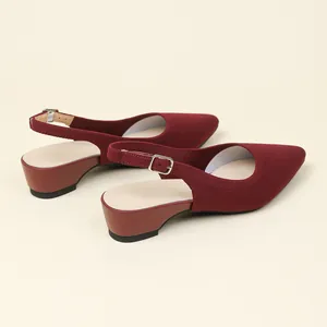 Elegant burgundy knit pointed-toe slingback shoes with low chunky heels for women.