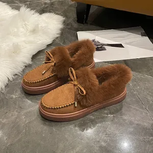 Pantoufles d'Hiver Chaudes pour Femmes Doublées de Fausse Fourrure Nœud Chaussures Peluches Plates Grandes Chaussons pour Femmes