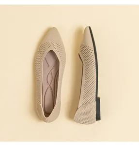 Detailed view of beige hollow knit pointed-toe flat shoes for women, breathable and soft