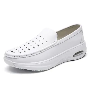 Breathable white cowhide leather nursing shoes with air cushion rocker sole for men
