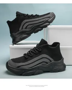 Side view showing the textured knit and chunky sole of black breathable sock sneakers