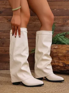 Elegant off-white pleated knee-high pant-leg fashion boots with chunky high heels for autumn.