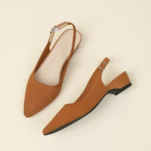 Breathable brown knit pointed-toe slingback heels with low chunky heel for women