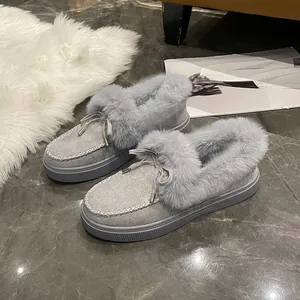 Mocassins d'hiver gris pour femmes avec doublure en fausse fourrure, nœud et semelle plate